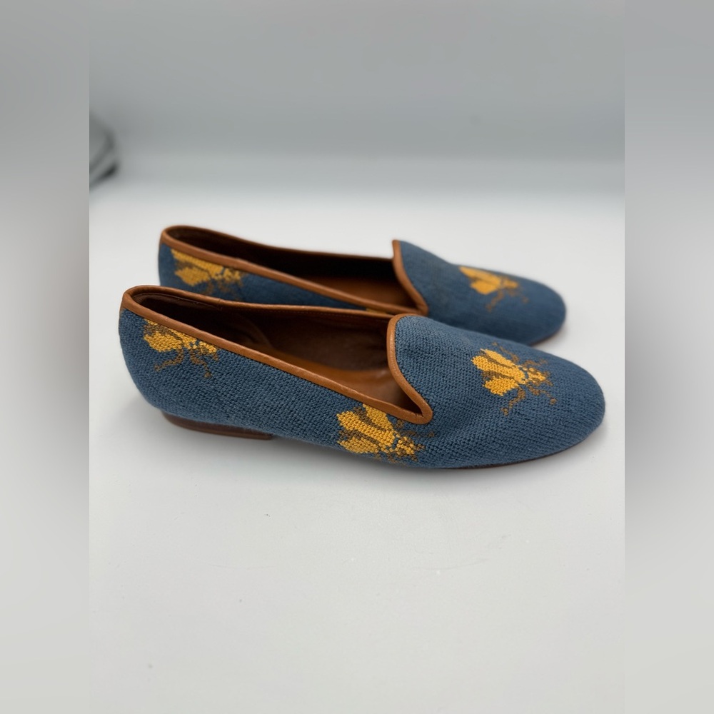 Zalo Blue Floral Needlepoint Loafers with Tan Trim - Picture 3 of 7
